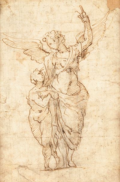 Penna e inchiostro bruno su carta, Tobiolo e l'Angelo