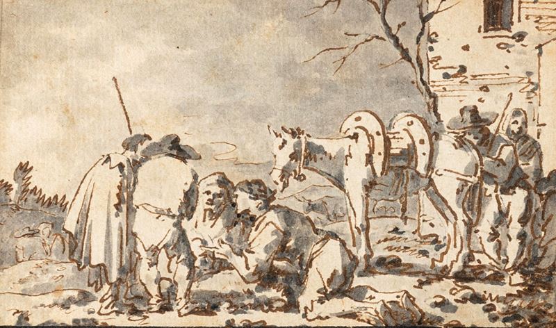 Pieter Van Bloemen Attribuito a - Pieter van Bloemen, Bivacco di contadini