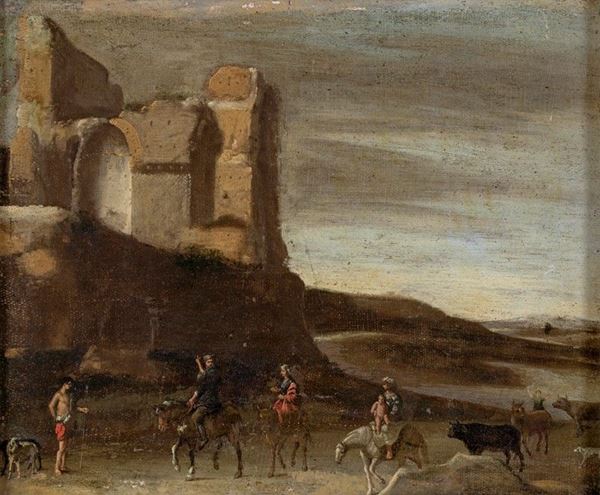 Cornelis Van Poelenburgh - PAESAGGIO CON ROVINE E LA FUGA IN EGITTO