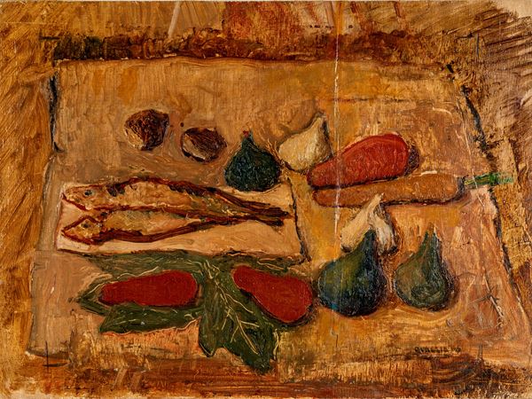 Carlo Quaglia : Natura morta con ortaggi e aringhe   (1946)  - Olio su tavola di compensato - Auction Time Auction - Modern and Contemporary Art - Casa d'Aste Arcadia