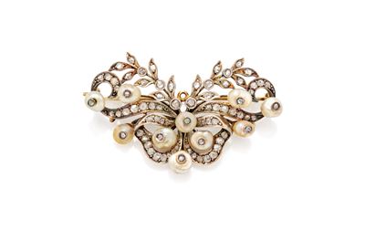 Spilla in oro e argento con diamanti e perle