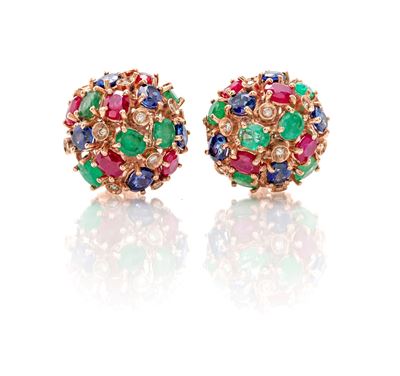 Orecchini in oro e argento multicolor con diamanti, zaffiri, smeraldi e rubini