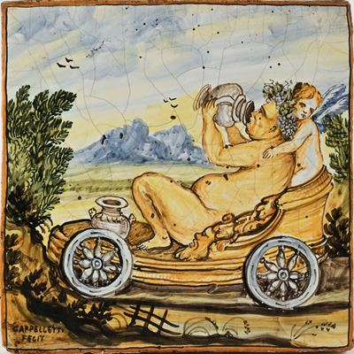Cappelletti, Placca in maiolica policroma con Bacco sul carro e amorino