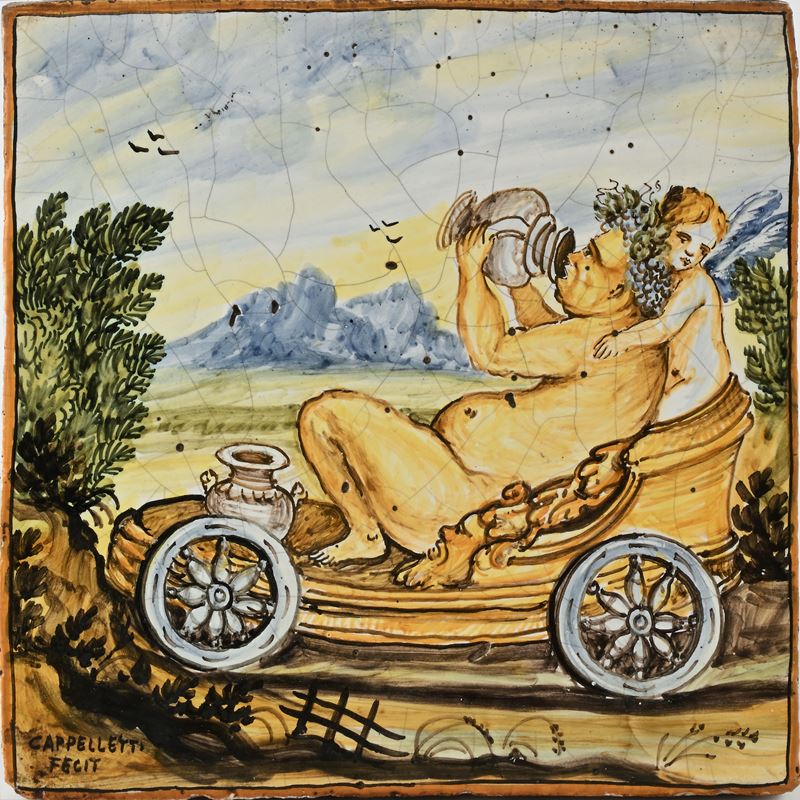 Cappelletti, Placca in maiolica policroma con Bacco sul carro e amorino