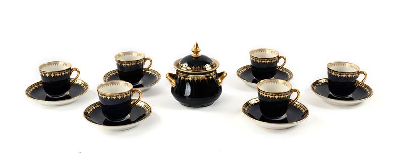 Ginori, Servizio da caffè in porcellana decorata blu e oro, XX secolo