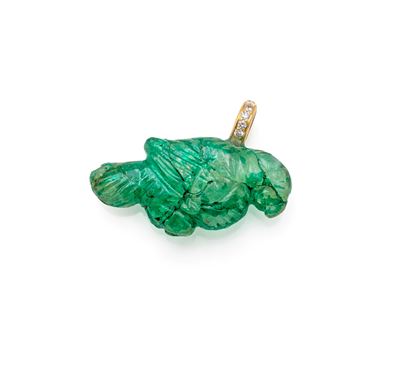 Pendente a pappagallo, oro giallo 750/000, brillanti e pasta vitrea