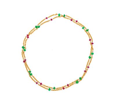 Lunga collana a laccio in oro 750/000 con smeraldi e rubini