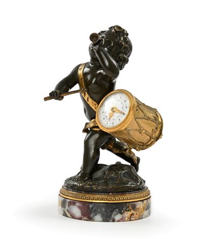 Francia, Orologio da tavolo in bronzo con suonatore di tamburo, XIX secolo