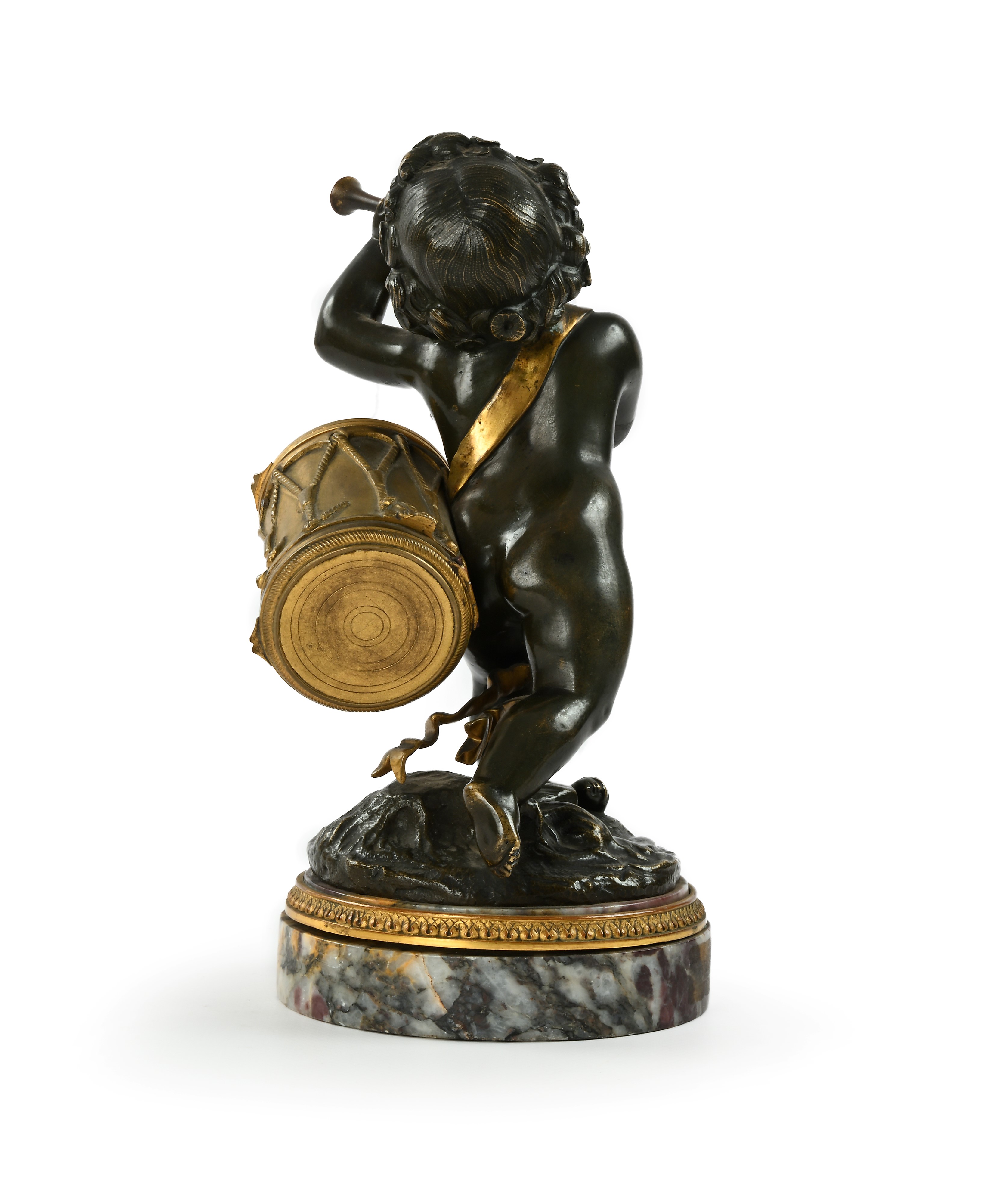 Francia, Orologio da tavolo in bronzo con suonatore di tamburo, XIX secolo