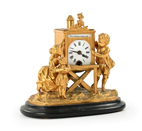 Pendola in bronzo dorato con figure, Francia, metà del XIX secolo