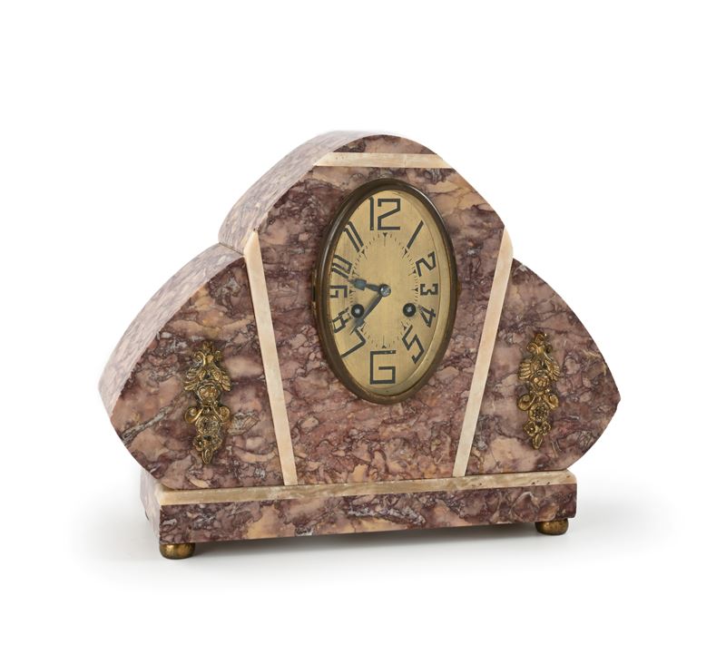 Orologio da tavolo in stile Decò, marmo, quadrante ovale a numeri arabi (Francia), anni Trenta