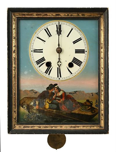 Germania, XIX secolo, Orologio da muro in legno ebanizzato con scena galante sottovetro
