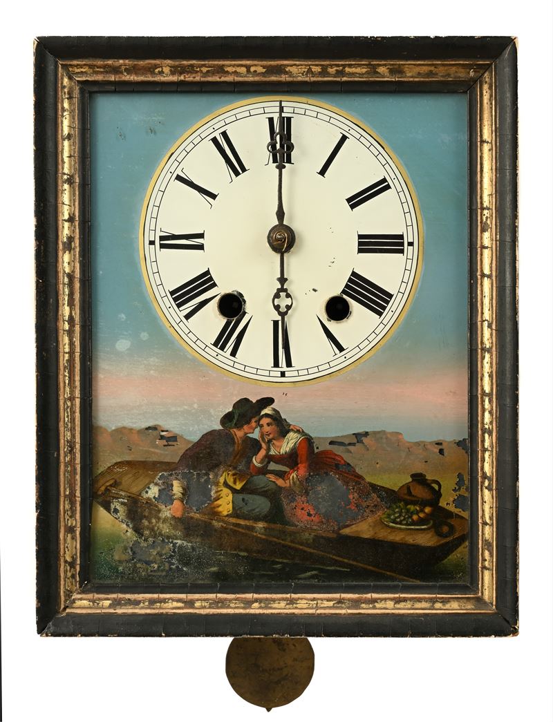 Germania, XIX secolo, Orologio da muro in legno ebanizzato con scena galante sottovetro