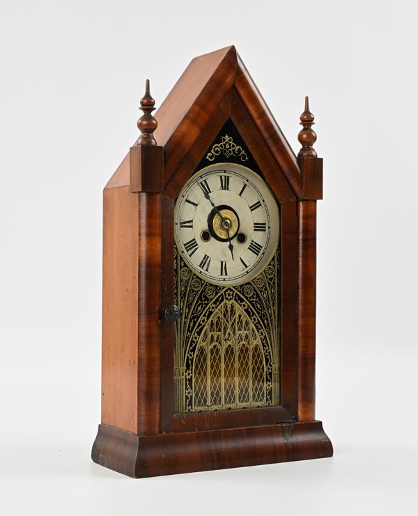 Orologio da mensola "Gothic Steeple Clock" in legno ebanizzato, Jerome &amp; co., New Haven Clock Company, Connecticut, Stati Uniti, seconda metà del XIX secolo  - Asta Asta a Tempo - Antiquariato: Mobili, Arredi, Stampe e Porcellane - Casa d'Aste Arcadia