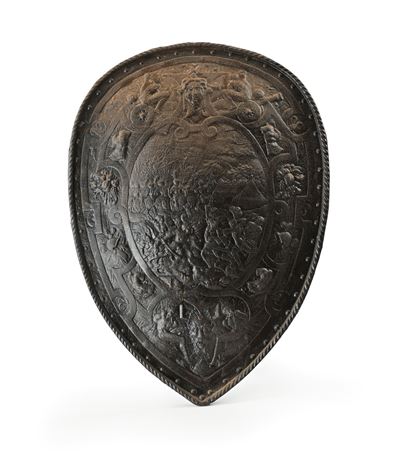 Replica della targa da parata di Enrico II di Francia, scudo a mandorla in ferro istoriato