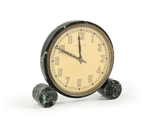 Hausmann & C. - Orologio da tavolo 8 giorni a carica meccanica con cassa in marmo verde e metallo cromato