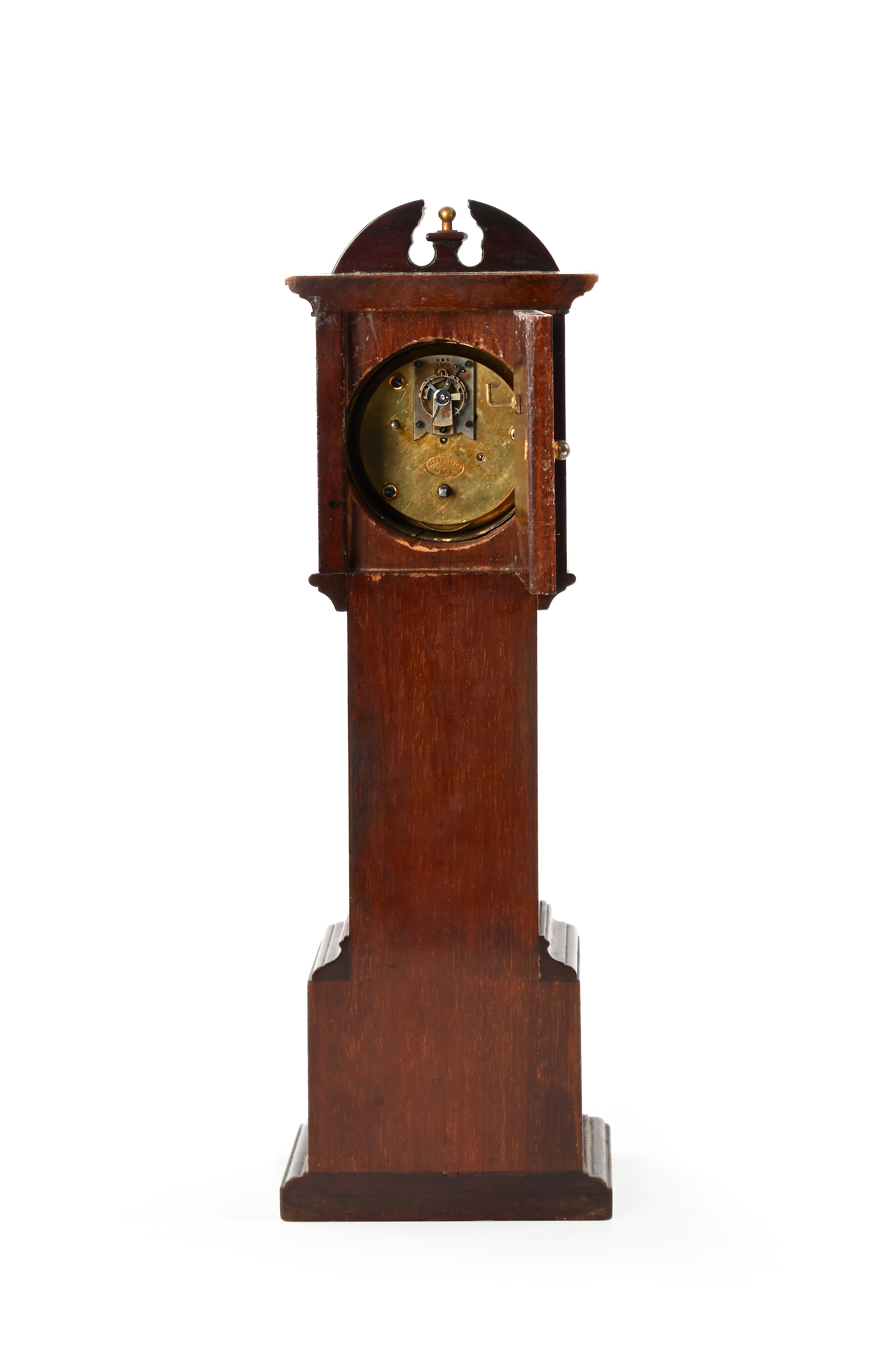 Modellino di orologio a torre, legno intarsiato, Inghilterra, fine XIX-inizio XX secolo