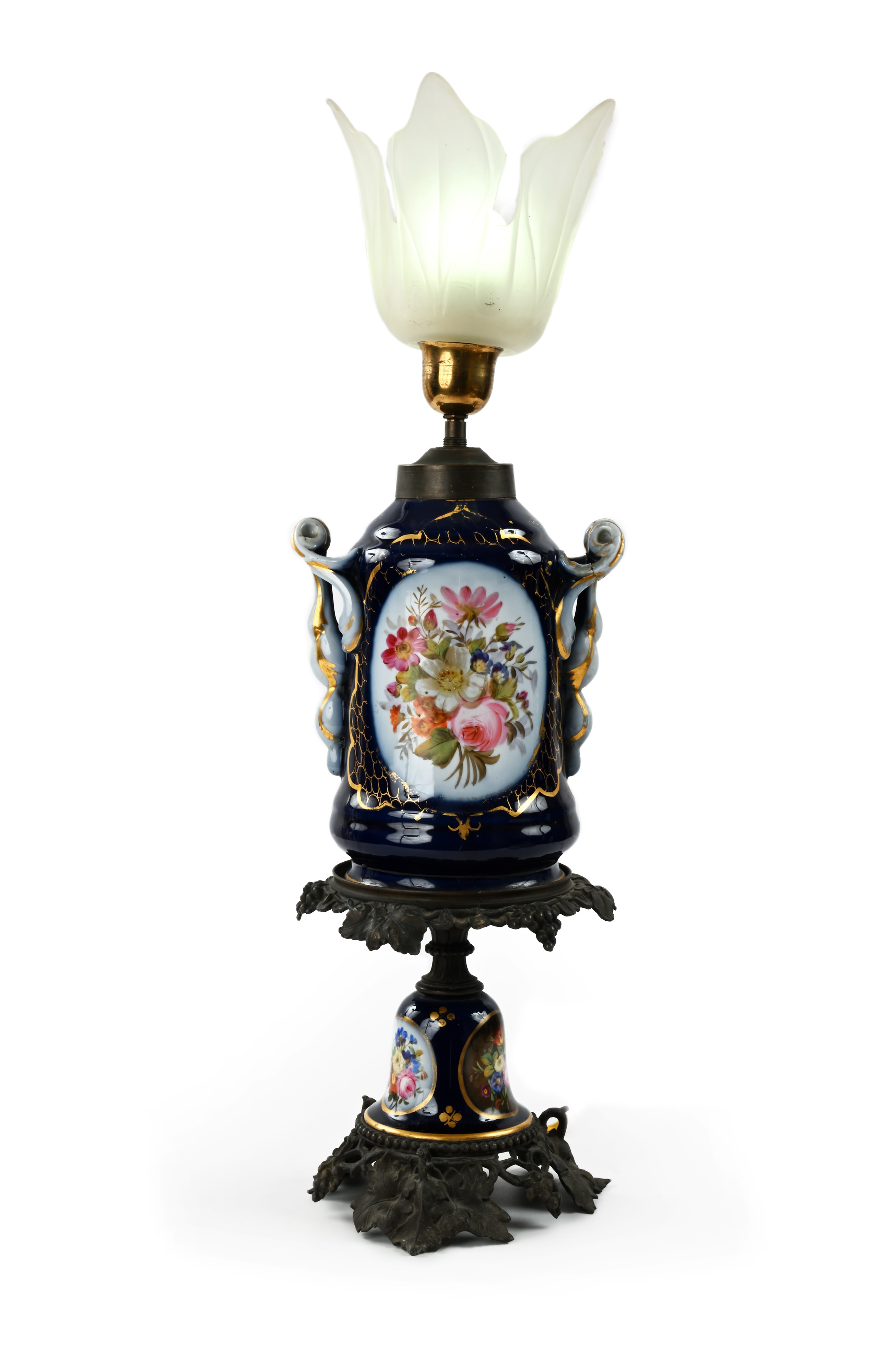 Lampada da tavolo, porcellana policroma e metallo dorato
