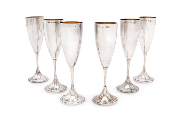Sei flûte champagne in argento, Zaccaro, Firenze, entro scatola