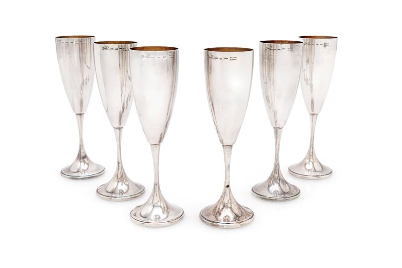 Zaccaro, Sei flûte da champagne in argento (Firenze), entro scatola