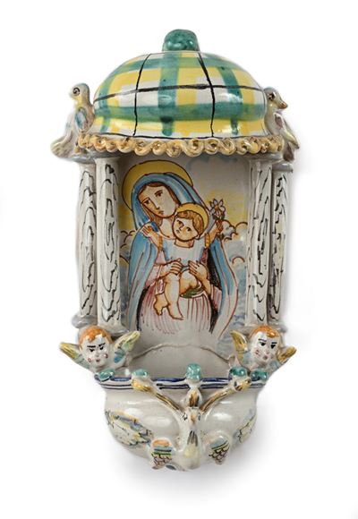 Romolo Apicella, Acquasantiera in ceramica decorata con Madonna col Bambino, Vietri, XX secolo