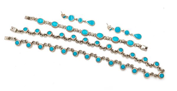 Parure composta da collana, bracciale e coppia di orecchini con smalti turchese