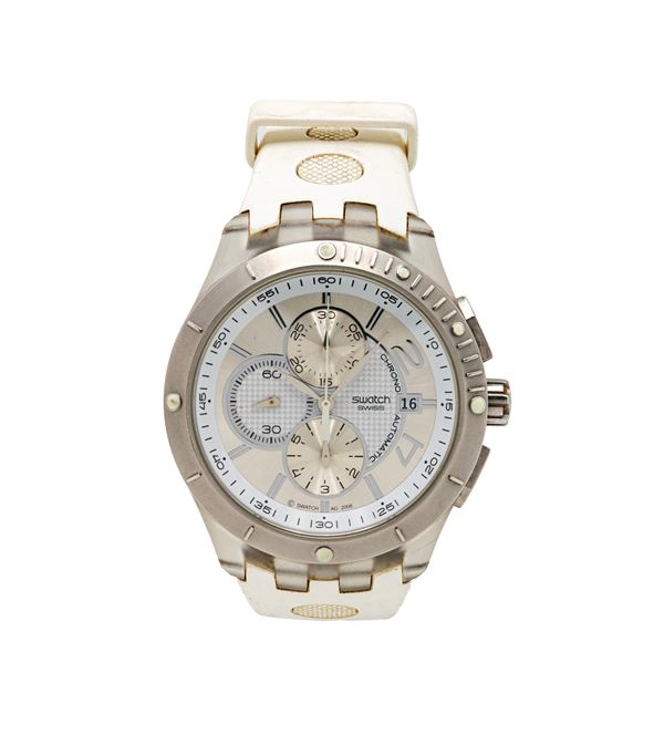 Swatch Chrono Automatic - Orologio da polso cronografo automatico da uomo con datario in plastica ed acciaio con fondello scheletrato. Con bracciale e fibbia originali
