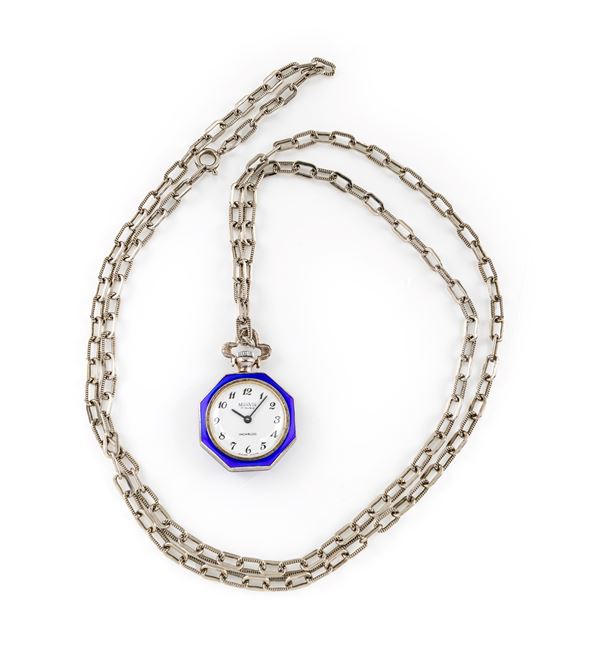 Monvis (cal. ETA) - Piccolo orologio da tasca da donna in argento 925/00 e smalto. Con catena in metallo