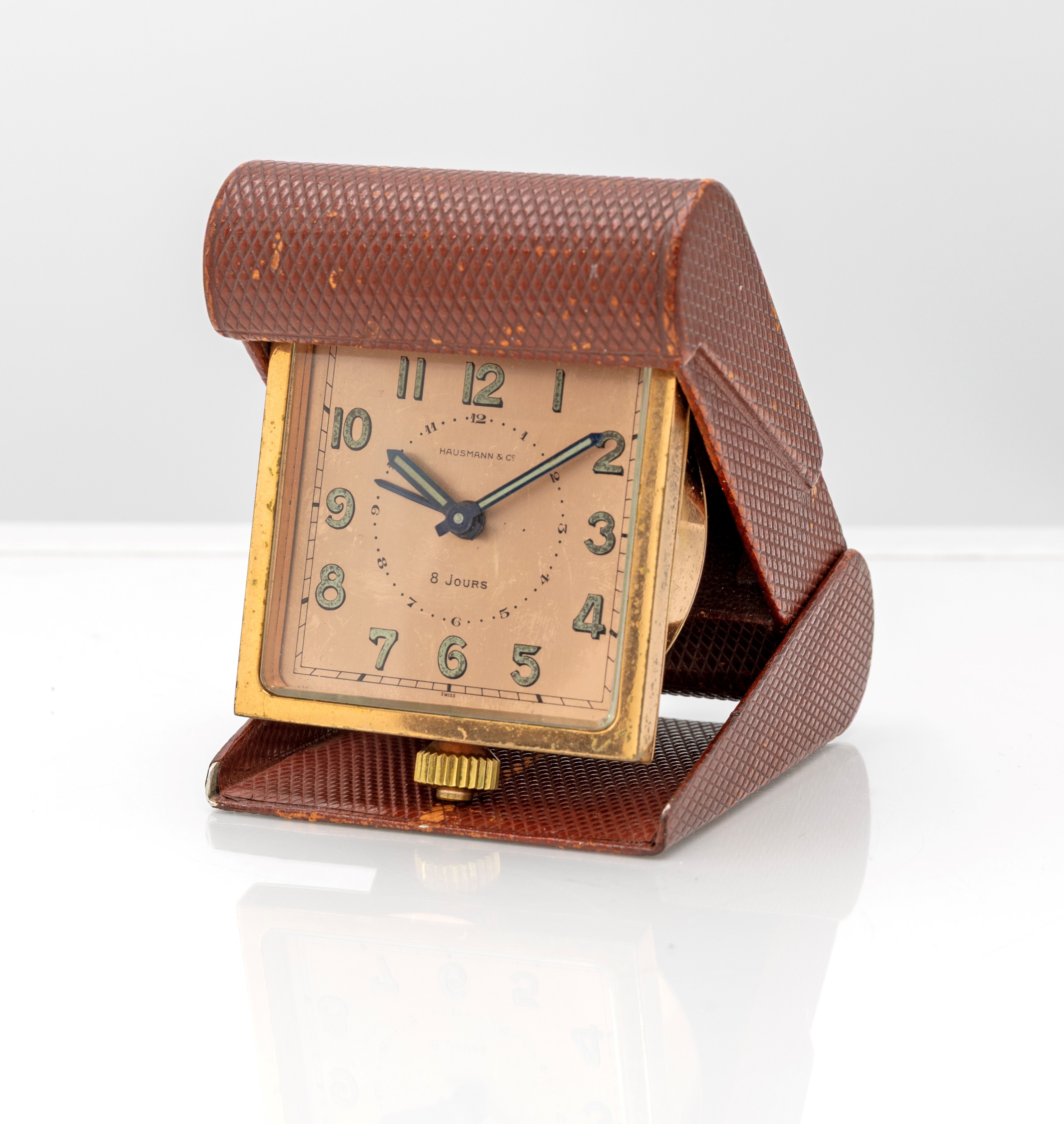 Hausmann & Co., Orologio sveglia da viaggio in ottone, a carica manuale, 8 giorni (anni '30)