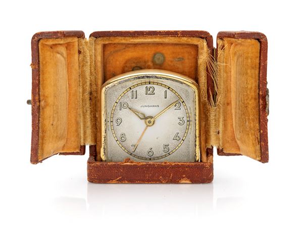 Junghans - Orologio sveglia da viaggio a carica manuale in metallo dorato e smaltato