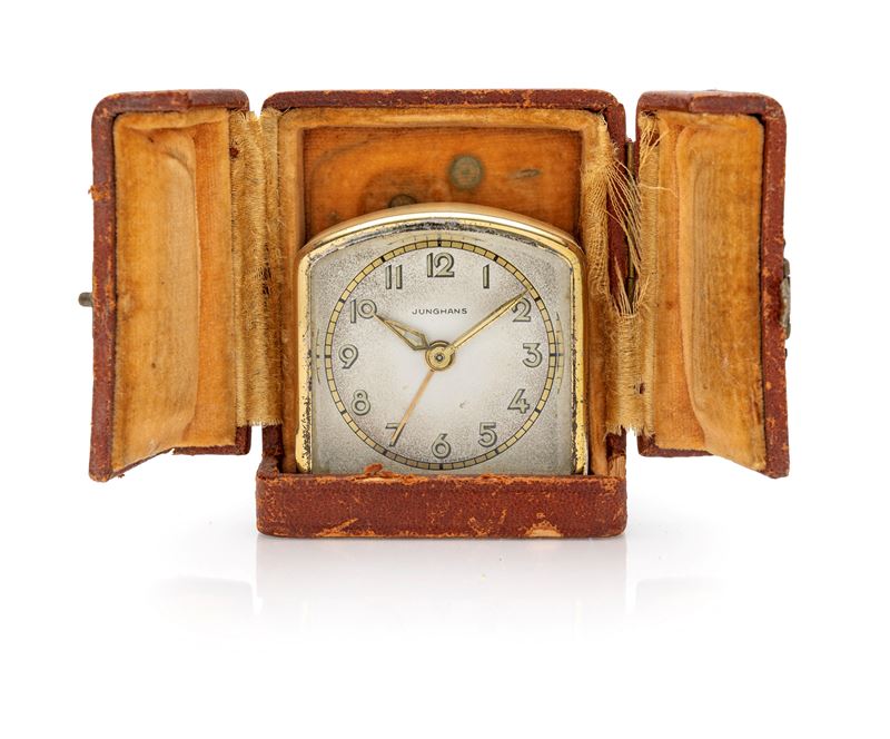 Junghans, Orologio sveglia da viaggio a carica manuale in metallo dorato e smaltato (anni '30/'40...