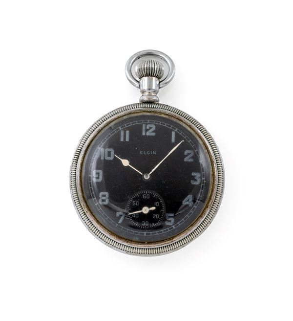 Elgin Natl Watch Co. British Broad Arrow G.S.T.P. AII4595 per l'Esercito Britannico nella Seconda Guerra Mondiale - Orologio militare da tasca con scappamento ad ancora spirale Breguet remontoir da uomo in metallo cromato con indici fluorescenti