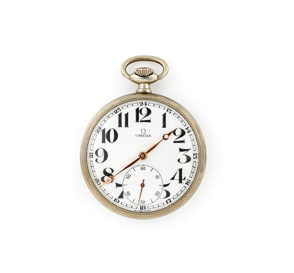 Omega 145-61 (Cal 161) - Orologio da tasca con scappamento ad ancora spirale Breguet remontoir da uomo in metallo cromato