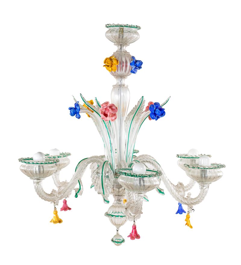 Lampadario in vetro di Murano a sei luci, XX secolo