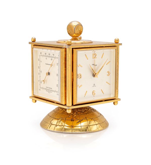 ImHof - Orologio sveglia da tavolo 8 giorni a carica manuale (lever escapement C249) nr. 1418843, barometro, termometro ed igrometro in ottone