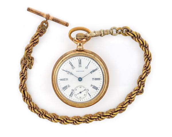 American Waltham Watch Co. - Orologio da tasca con scappamento ad ancora remontoir da uomo in metallo placcato in oro giallo con catena 