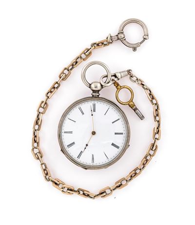 Orologio da tasca da uomo, scappamento a cilindro, argento 800/000 con catena