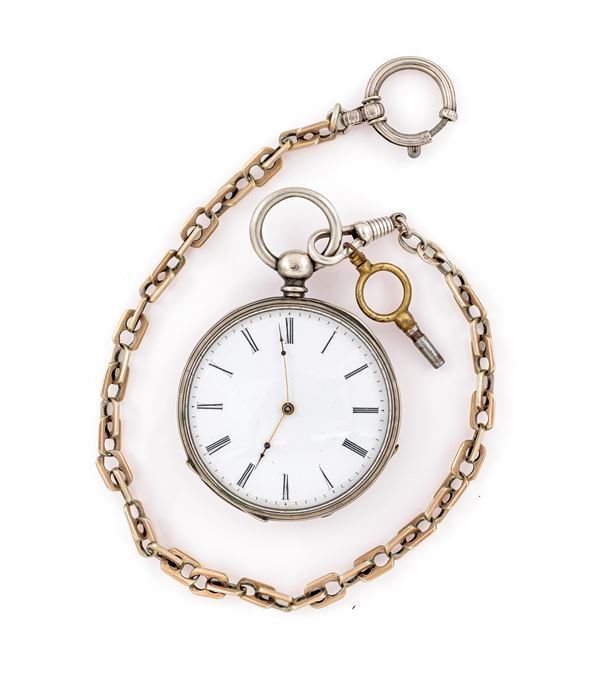Orologio da tasca con scappamento a cilindro carica a chiavetta da uomo argento 800/000 con catena da orologio in argento 800/000