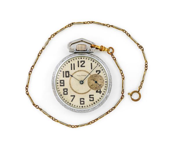 A.W.W. Co. Waltham Mass. - Orologio da tasca con scappamento ad ancora con regolazione micrometrica remontoir da uomo in metallo cromato con catena in metallo cromato e placcato in oro giallo