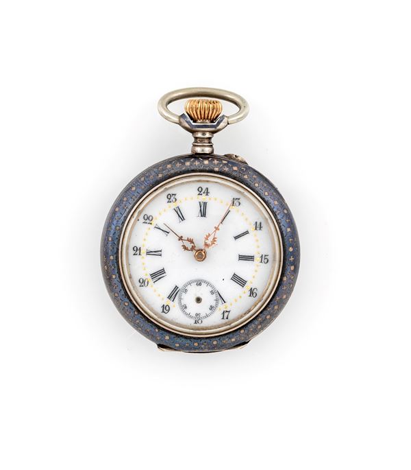 Orologio da tasca con scappamento a cilindro remontoir da uomo in argento 800/000 niellato
