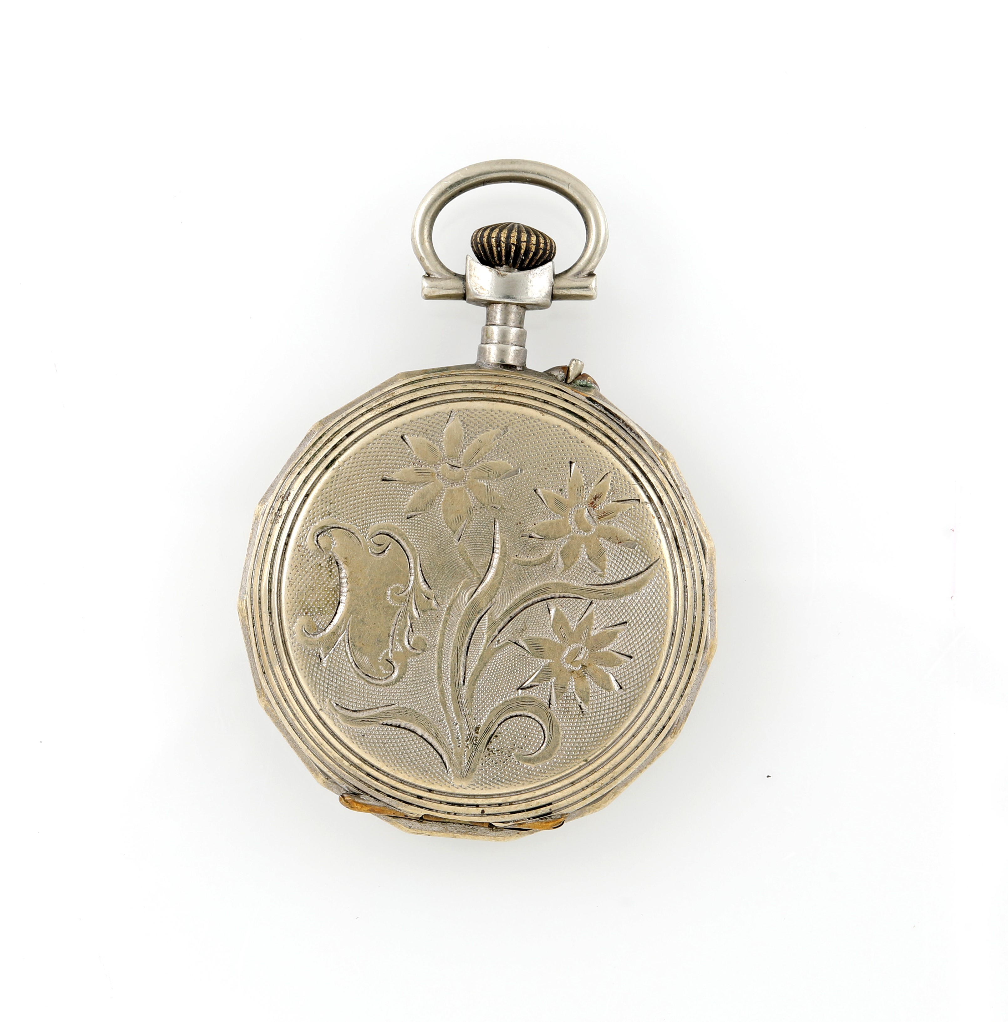 Orologio da tasca da uomo, scappamento a cilindro remontoir, metallo cromato, inizi XX secolo