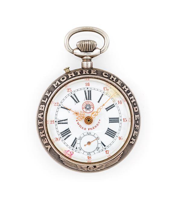 Wille Freres per le ferrovie del Belgio - Orologio da tasca con scappamento Roskopf (Patent 30353) remontoir da uomo in metallo cromato
