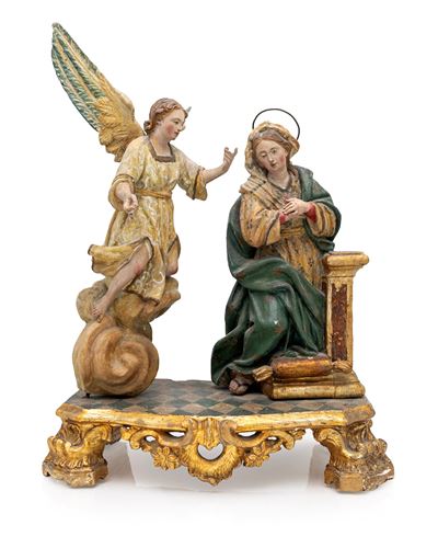 Scultura lignea, Annunciazione, legno intagliato policromo e dorato, Italia meridionale, XVIII se...