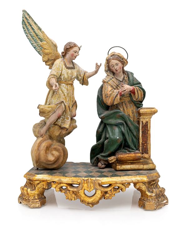 Gruppo scultoreo in legno intagliato, dipinto e dorato, Italia meridionale, XVIII secolo 