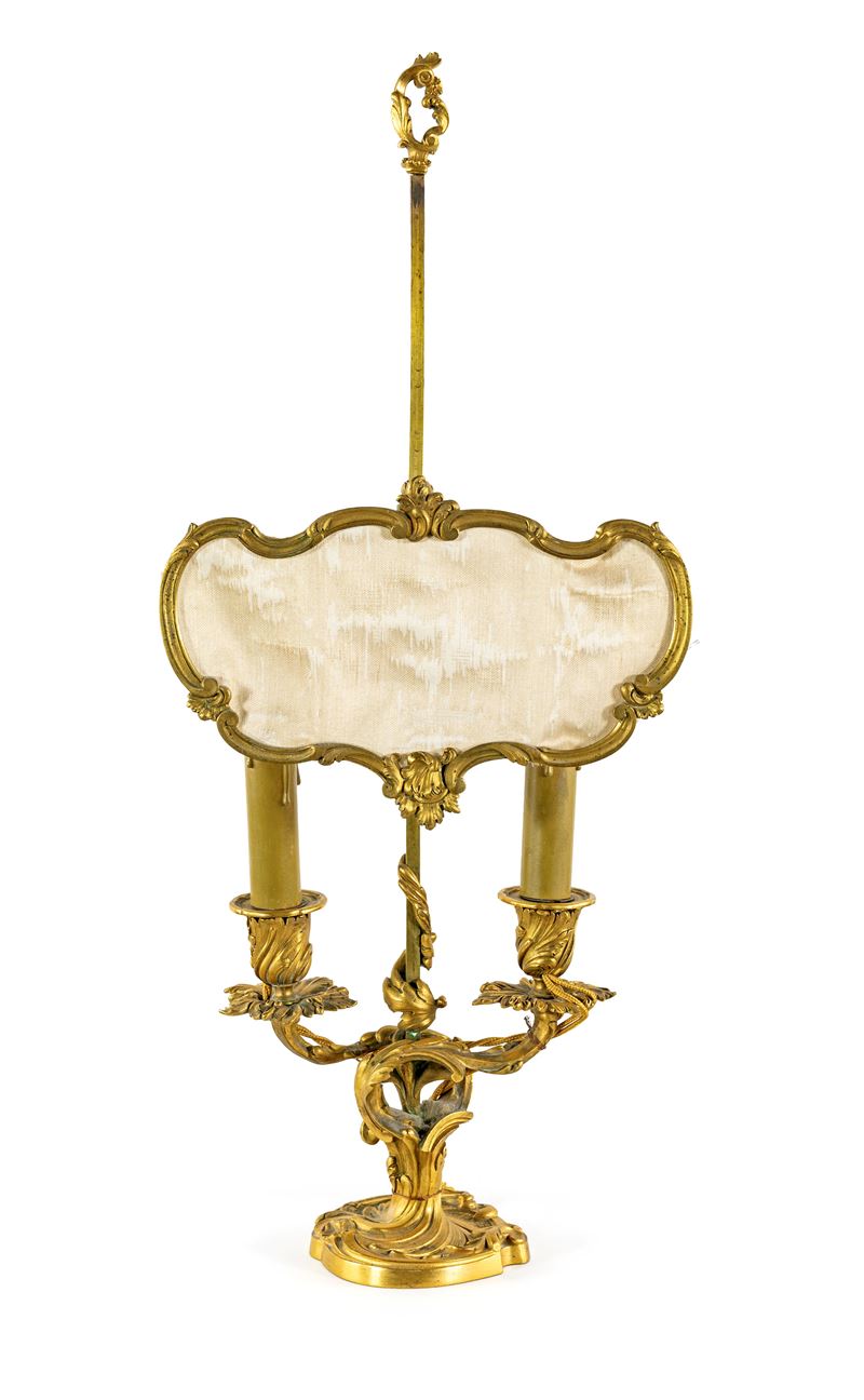 Lampada da tavolo, bronzo dorato a due luci, XIX secolo
