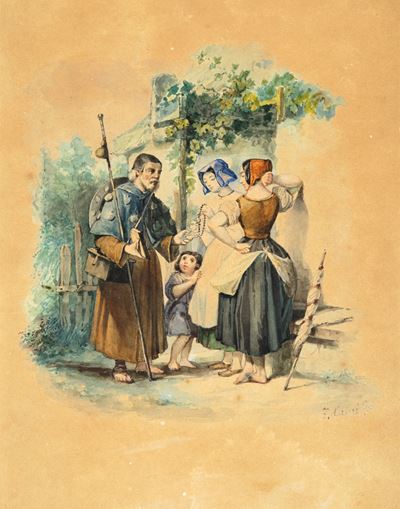 Disegno con donne mercante e bambino, acquarello su carta