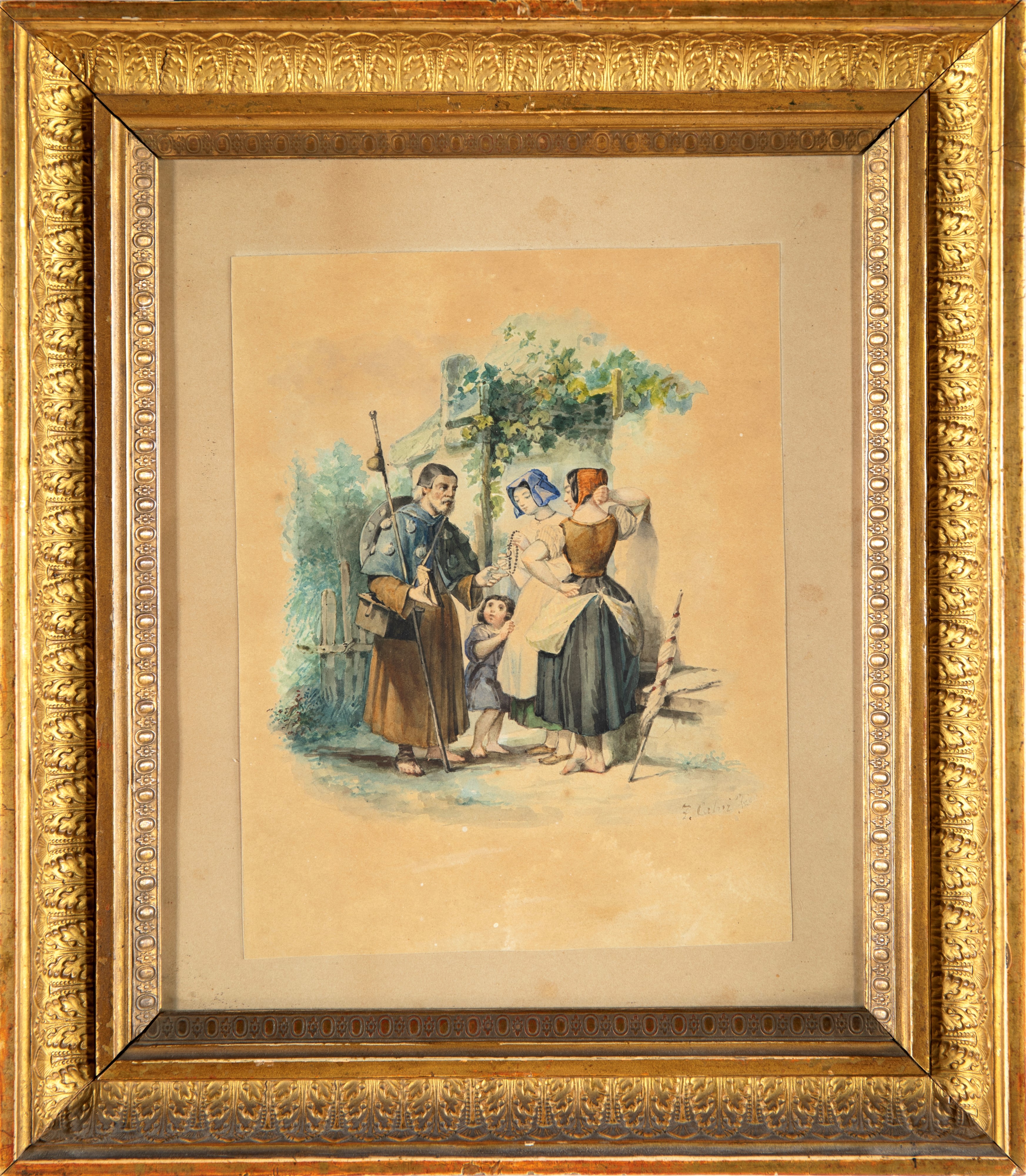 Disegno con donne mercante e bambino, acquarello su carta