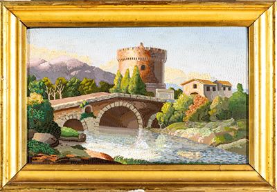 Mosaico minuto di smalti filati, Ponte Lucano e il Mausoleo dei Plautii lungo il fiume Aniene, ne...