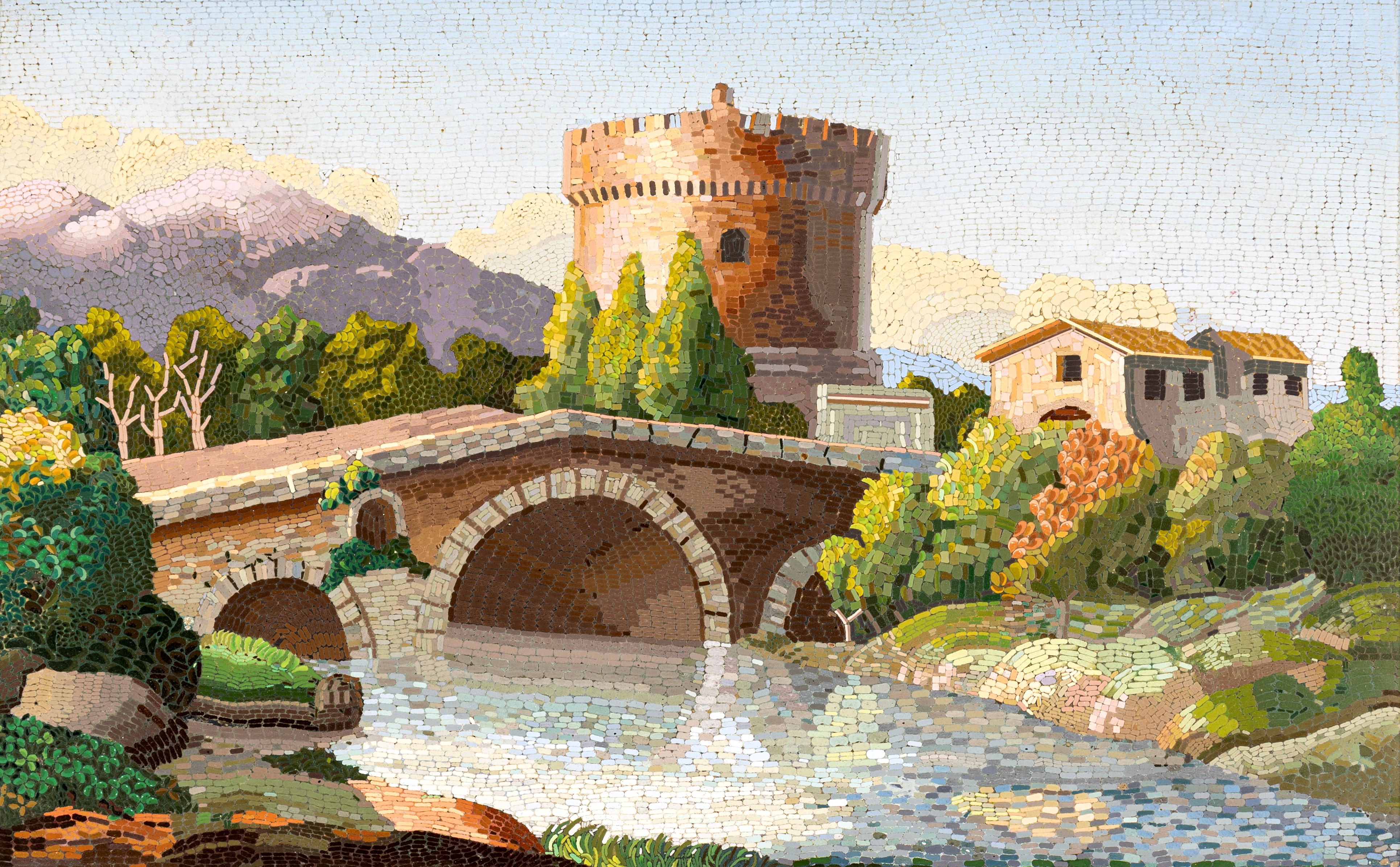 Mosaico minuto di smalti filati, Ponte Lucano e il Mausoleo dei Plautii lungo il fiume Aniene, ne...