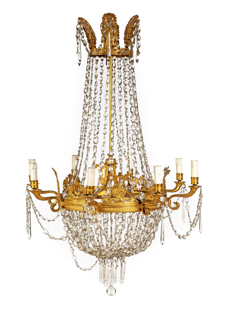 Lampadario in bronzo dorato e cristalli in stile Impero, XIX secolo